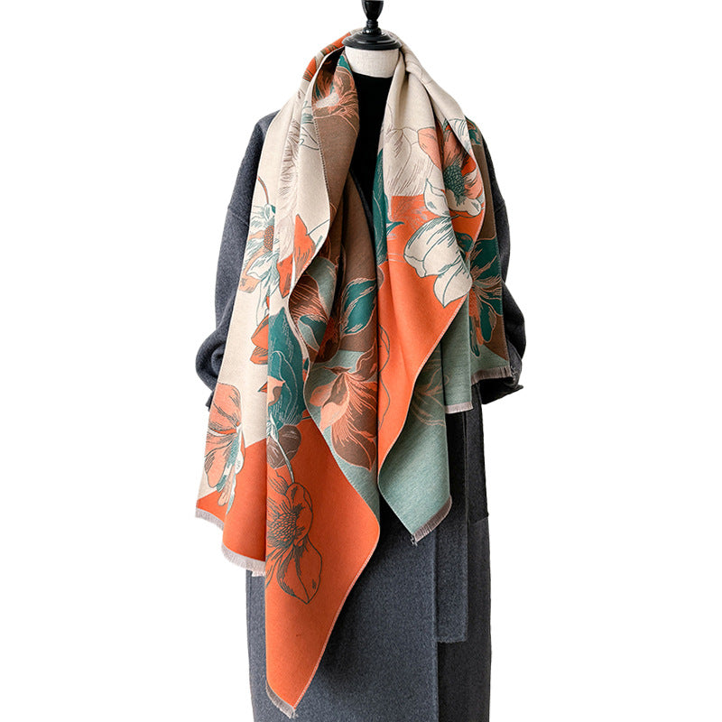 Chinese-style Landscape And Floral Cashmere-look Scarf