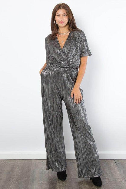 Be Stage Surplice Short Sleeve Pleated Foil Jumpsuit Stylish