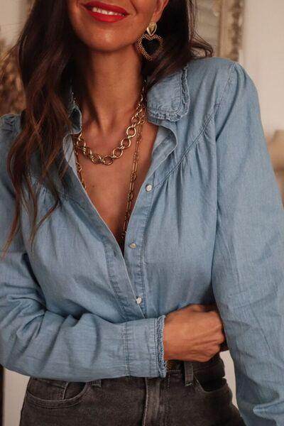 Button Up Long Sleeve Denim Top for Stylish Comfort