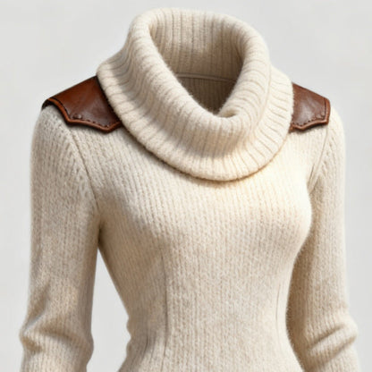 Casual Leather-Panelled Slim-Fit Turtleneck Knit Dress