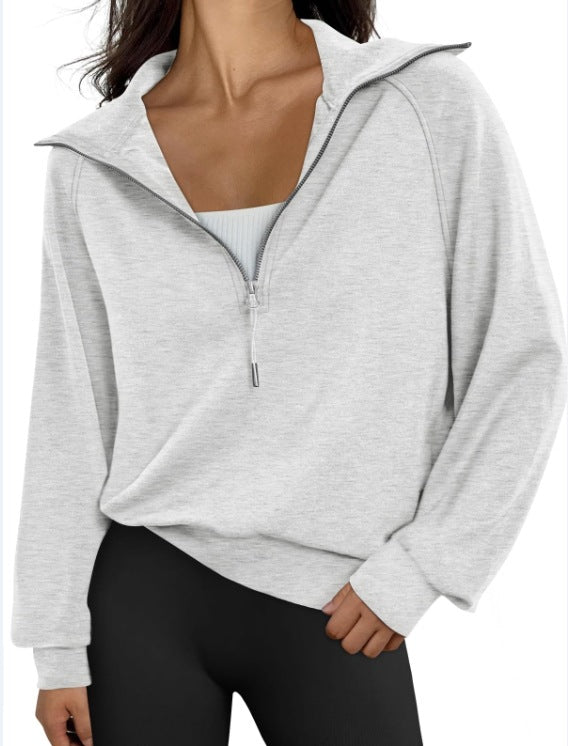 Women's Short Stand-collar Half-zip Fleece-lined Solid-color Sweatshirt