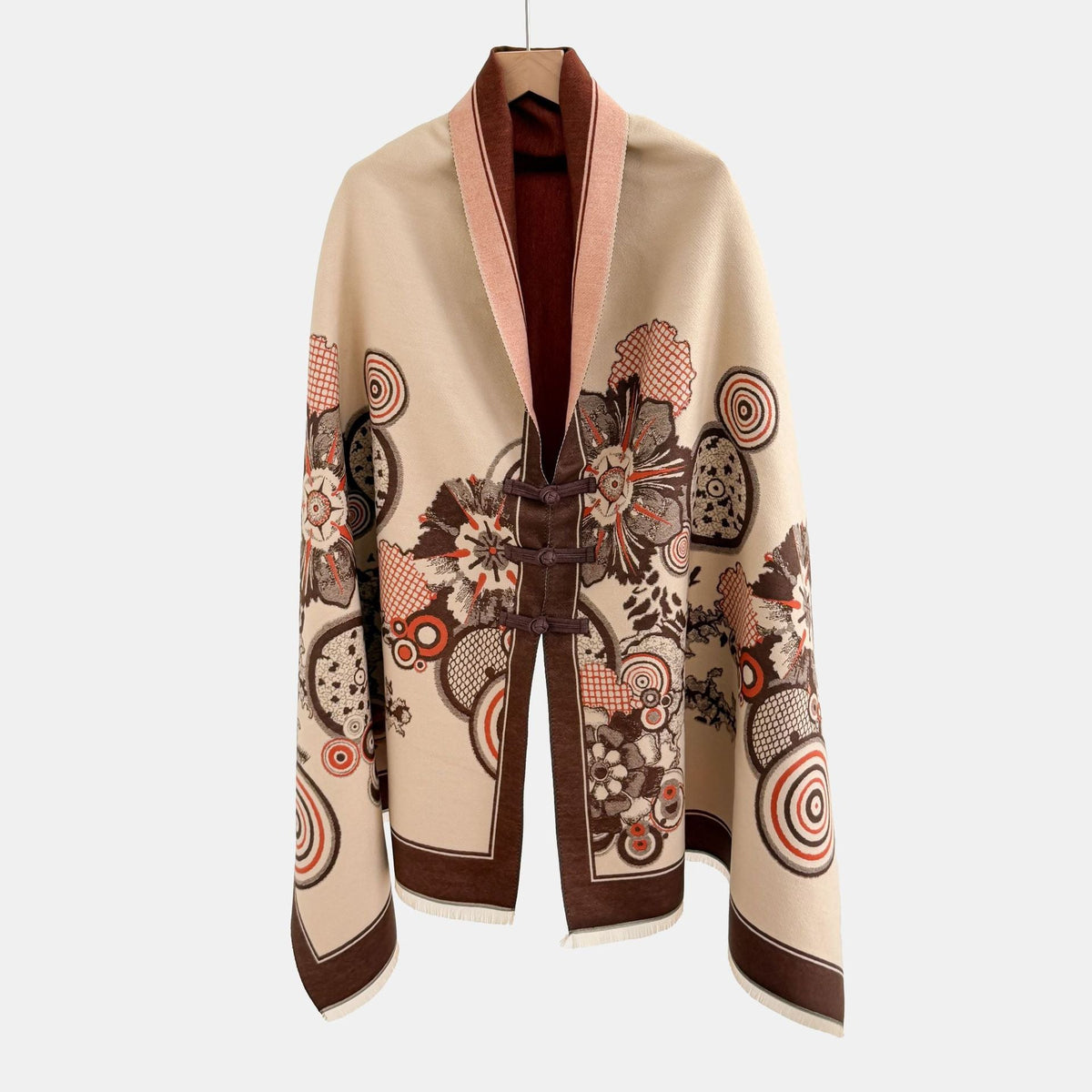 Vintage Knot-button Outerwear Jacquard Shawl