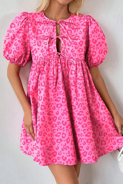 Leopard Tie Front Puff Sleeve Dress