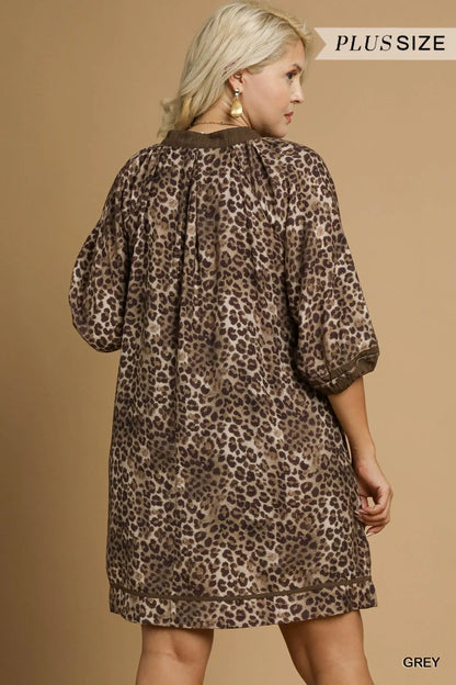 Umgee Full Size Leopard Print Mini Dress with Contrast Trim Plus Size