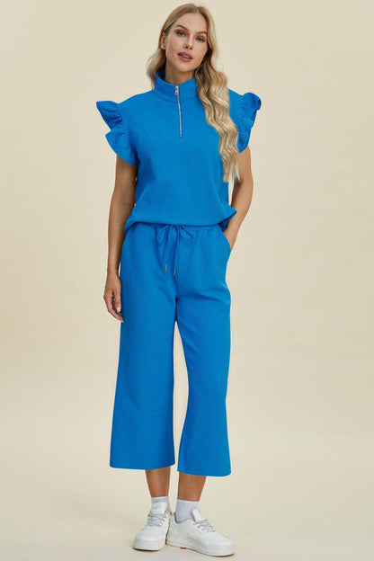Double Take Full Size Texture Ruffle Top and Pants Set
