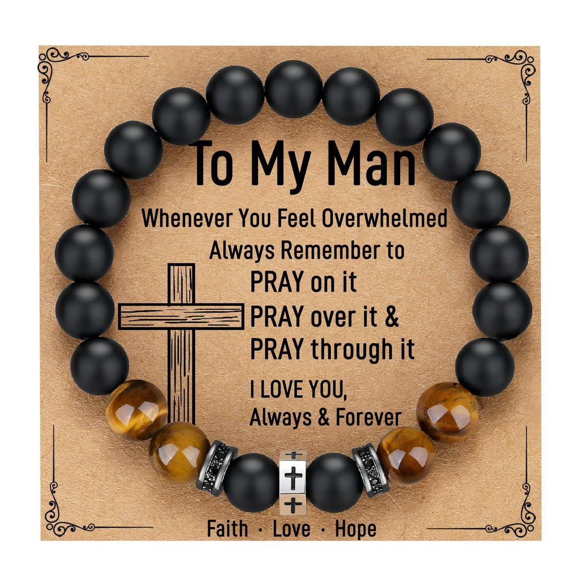 Tigers Eye Stone And Stainless Steel Cross Beaded Bracelet