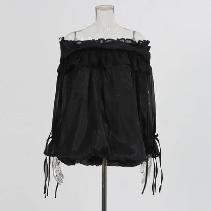 Retro Off-the-Shoulder Strap Bell-Sleeve Solid Color Chiffon Top
