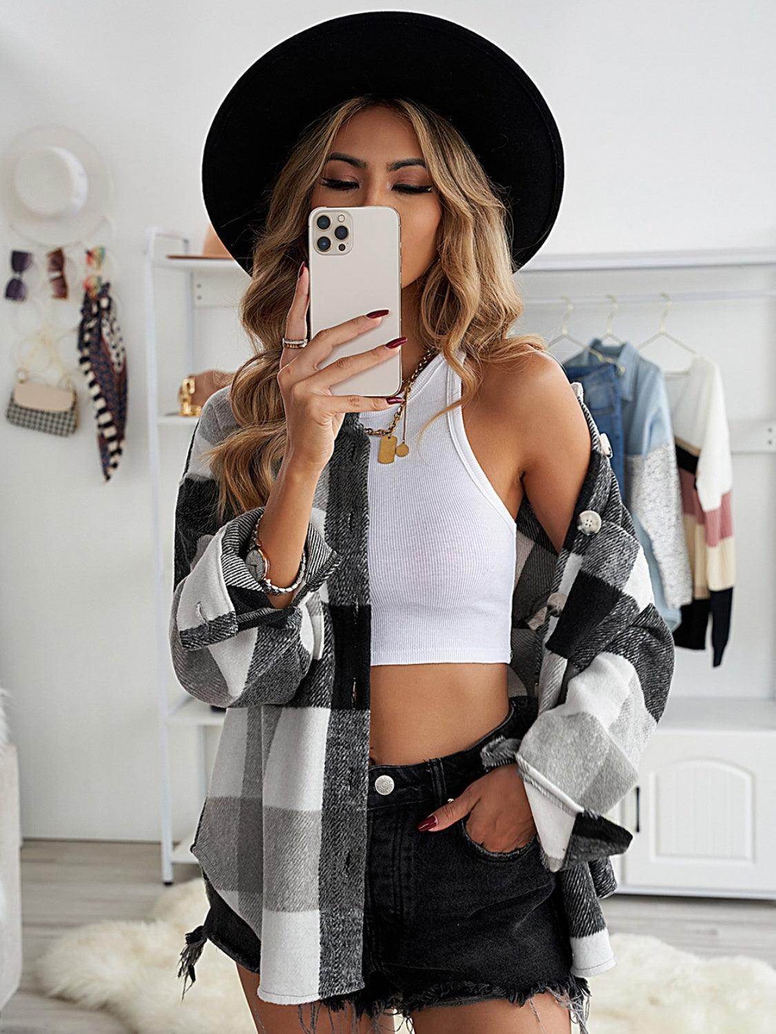 Plaid Button Up Dropped Shoulder Jacket for Women Stylish