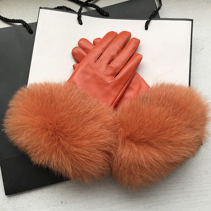 Womens Winter Warm Fox-Fur Cuff Gloves