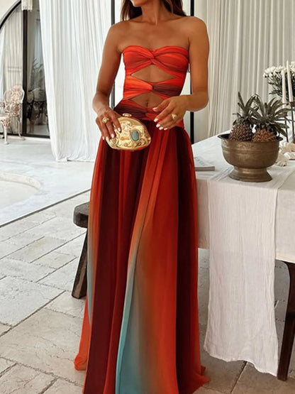 Strapless Cut-Out Rainbow Gradient Maxi Dress