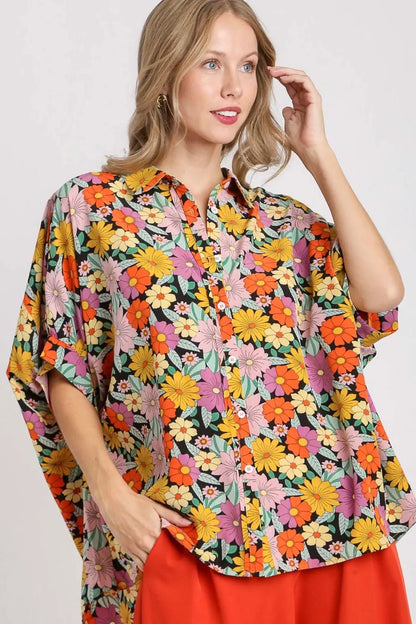 Umgee Full Size Flower Print Boxy Cut Button Down Shirt Plus Size