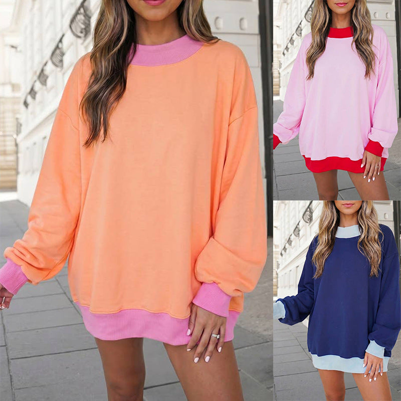 Womens Pullover Color-Block Fleece-Lined Long-Sleeve Sweatshirt