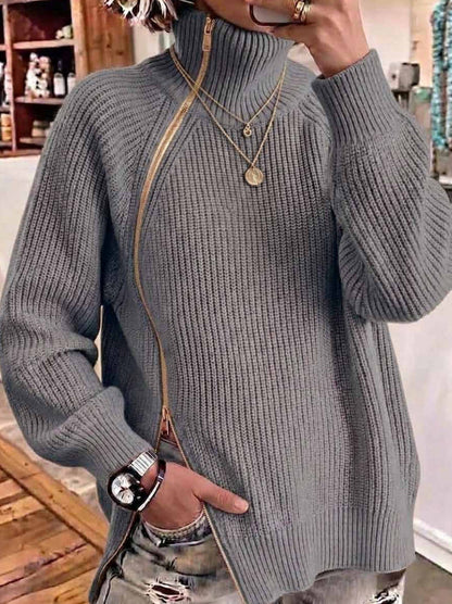 Solid-color Turtleneck Long-sleeve Loose-fit Knit Top With A Side Zipper