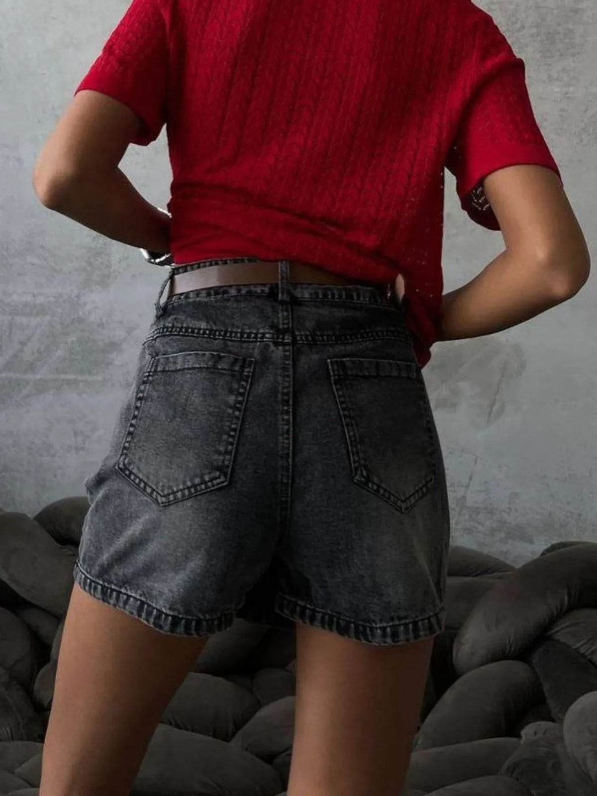 Asymmetric Hem High-Waisted Denim Mini Shorts