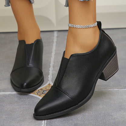 Plus-size Fashionable Black Pointed-toe Chunky-soled Pumps For Women In British Style