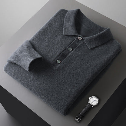 Mens Solid-Color Long-Sleeve All-Wool Polo-Neck Sweater