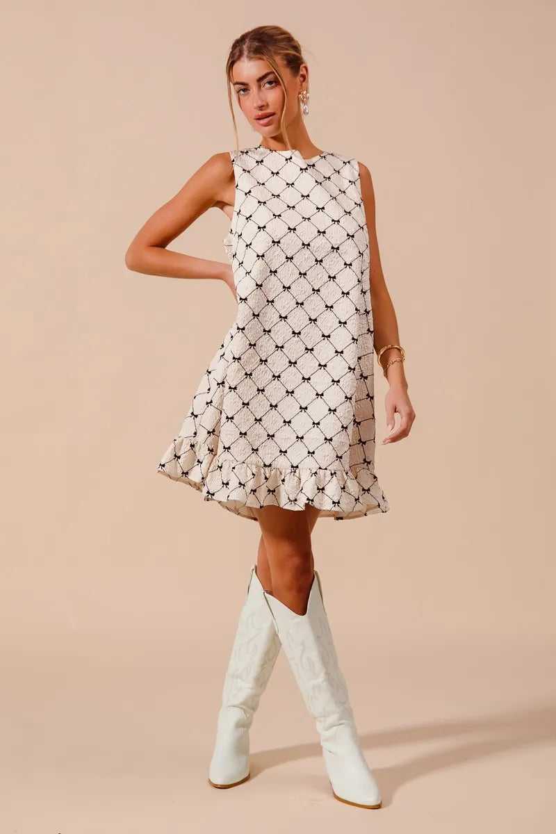 SO ME Texture Bow Printed Mini Ruffle Dress