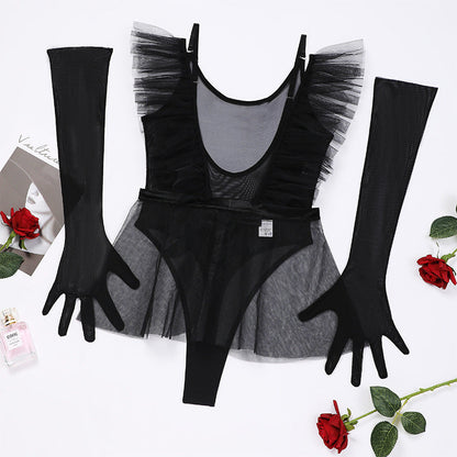 Mesh Jumpsuit Tutu Skirt Gloves Three-piece Set For Women
