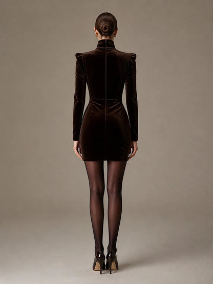 Dark Brown Velvet Turtleneck Ruched Mini Cocktail Dress