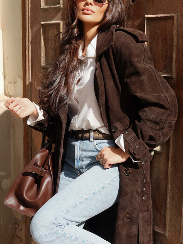 Double-Breasted Suede Long Trench Coat With Belt