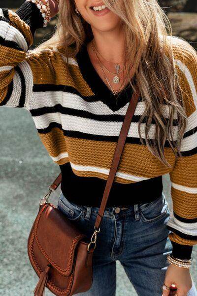 Contrast Stripes V Neck Long Sleeve Sweater for Women