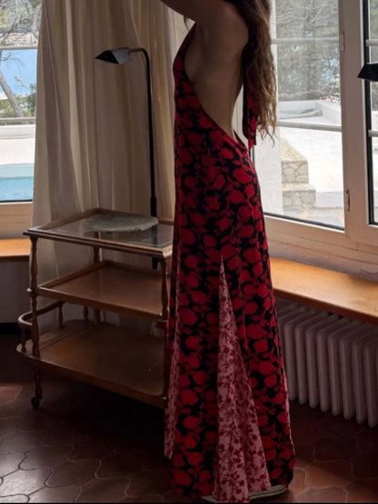 Backless Halter Neck Polka Dot Maxi Dress