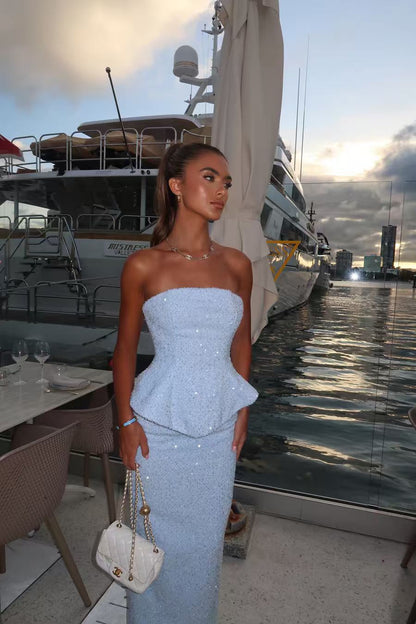 Womens Solid-color Sequined Strapless Dress With Ruffled Hem And Side Slit