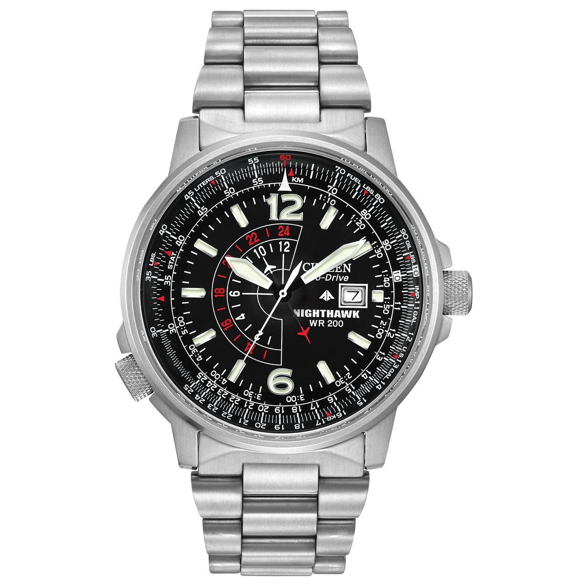 Citizen Mens Eco-Drive Promaster Air Nighthawk Pilot Stainless Steel Watch Luminous Black Dial 42mm (Model: BJ7000-52E)
