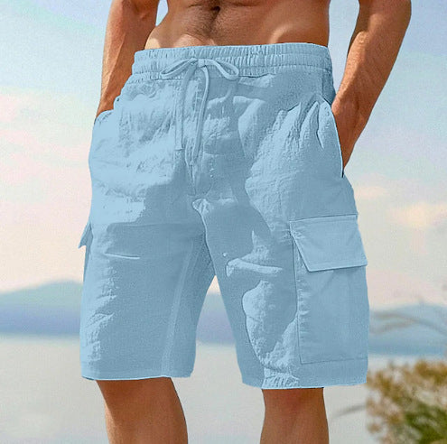 Beach Shorts With Elastic Waist Drawstring Multiple Pockets Solid Color