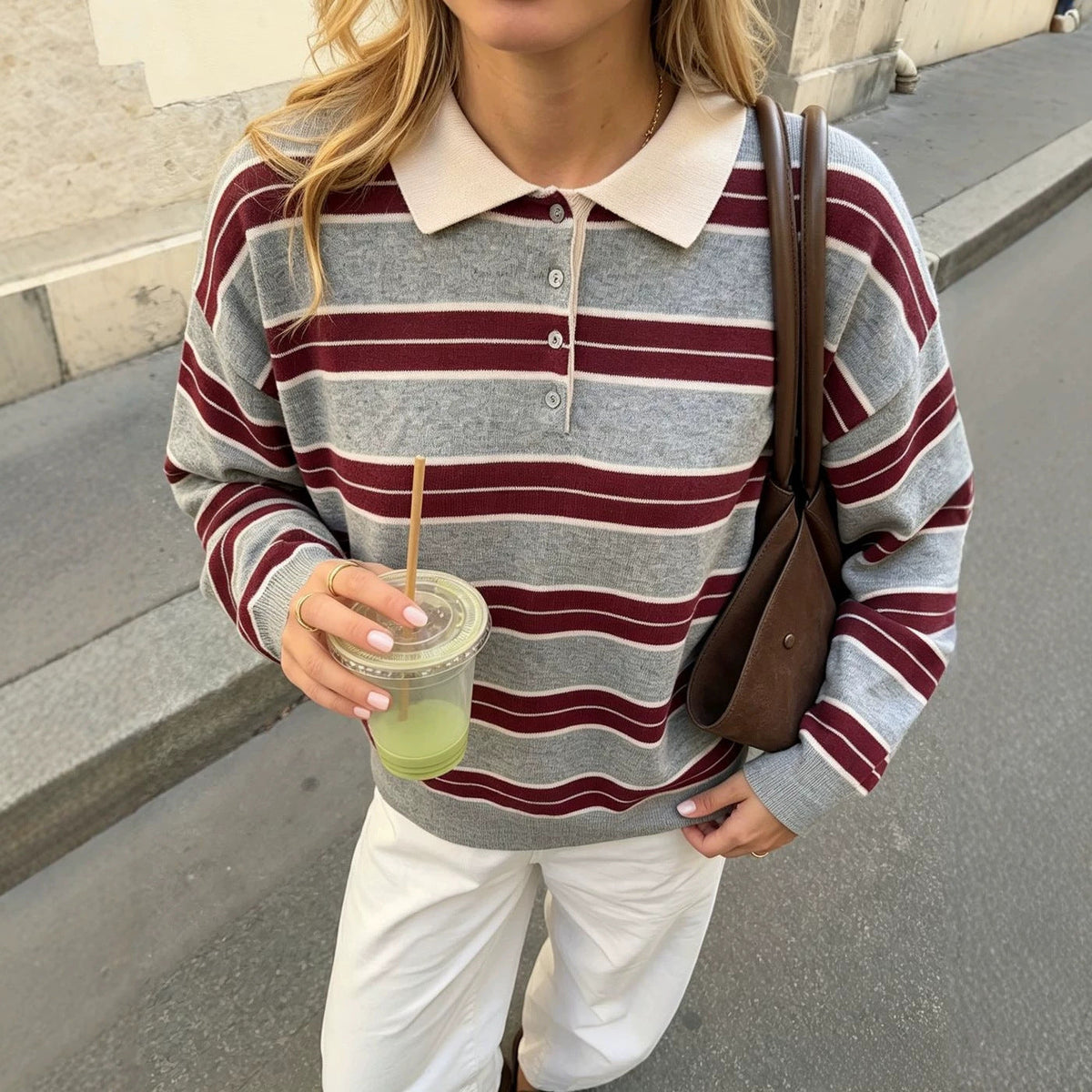 Women's Simple And Versatile Striped Knitted Sweater