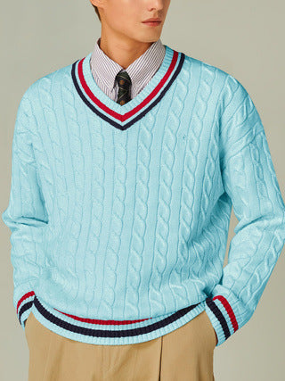 Color-block V-neck Long-sleeved Casual Elegant Autumnwinter New Sweater