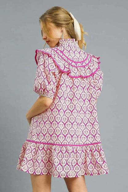 Umgee Ruffled Printed Puff Sleeve Mini Dress
