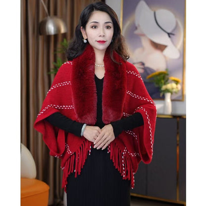 New Knitted Shawl With A Fur Collar And Tassels