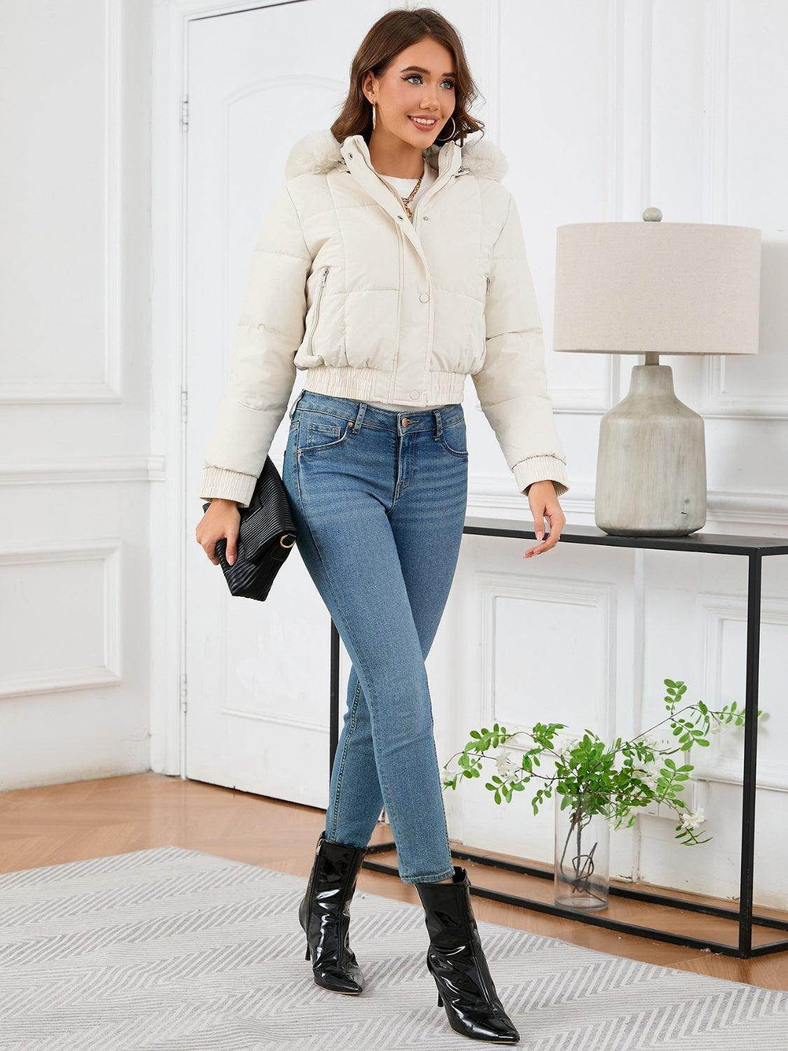 Pocketed Long Sleeve Cropped Hooded Winter Coat for Women