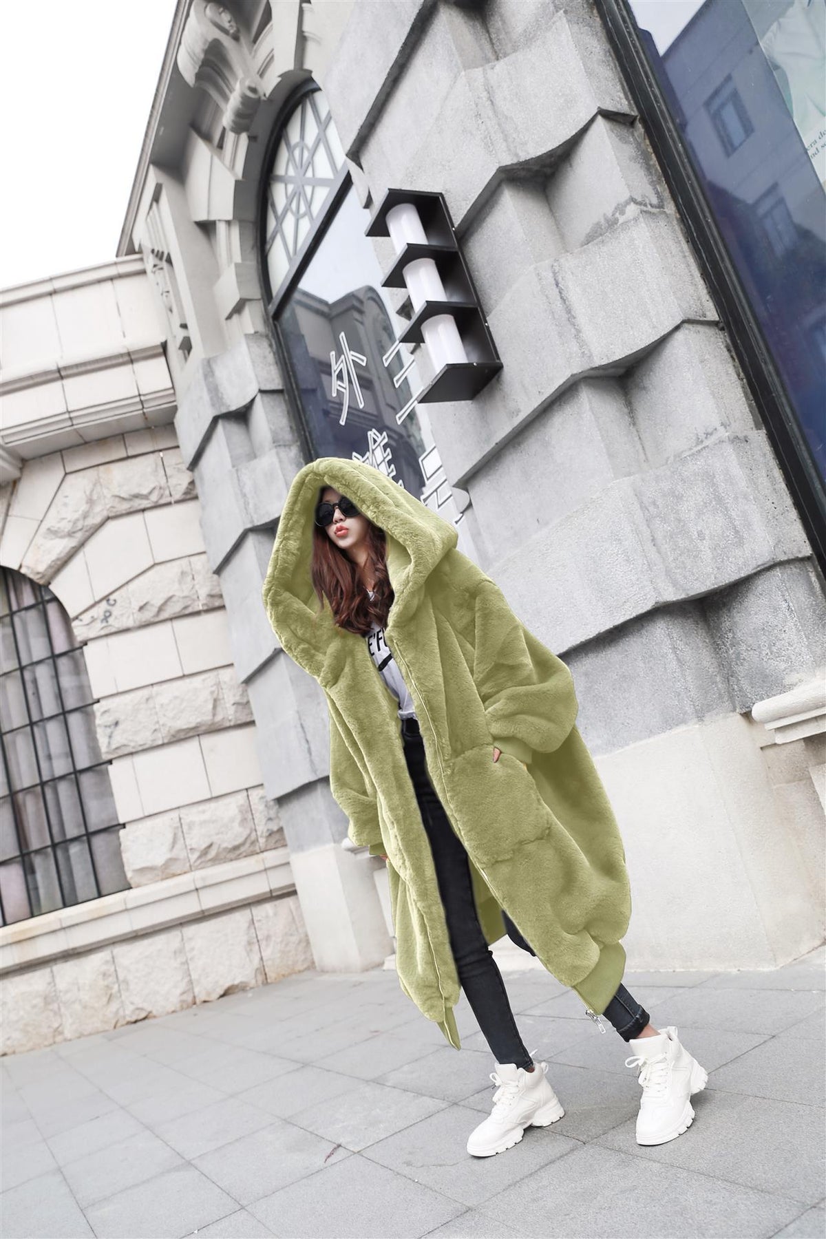 Rex Rabbit Fur Thickened Long Hooded Fur Coat Women