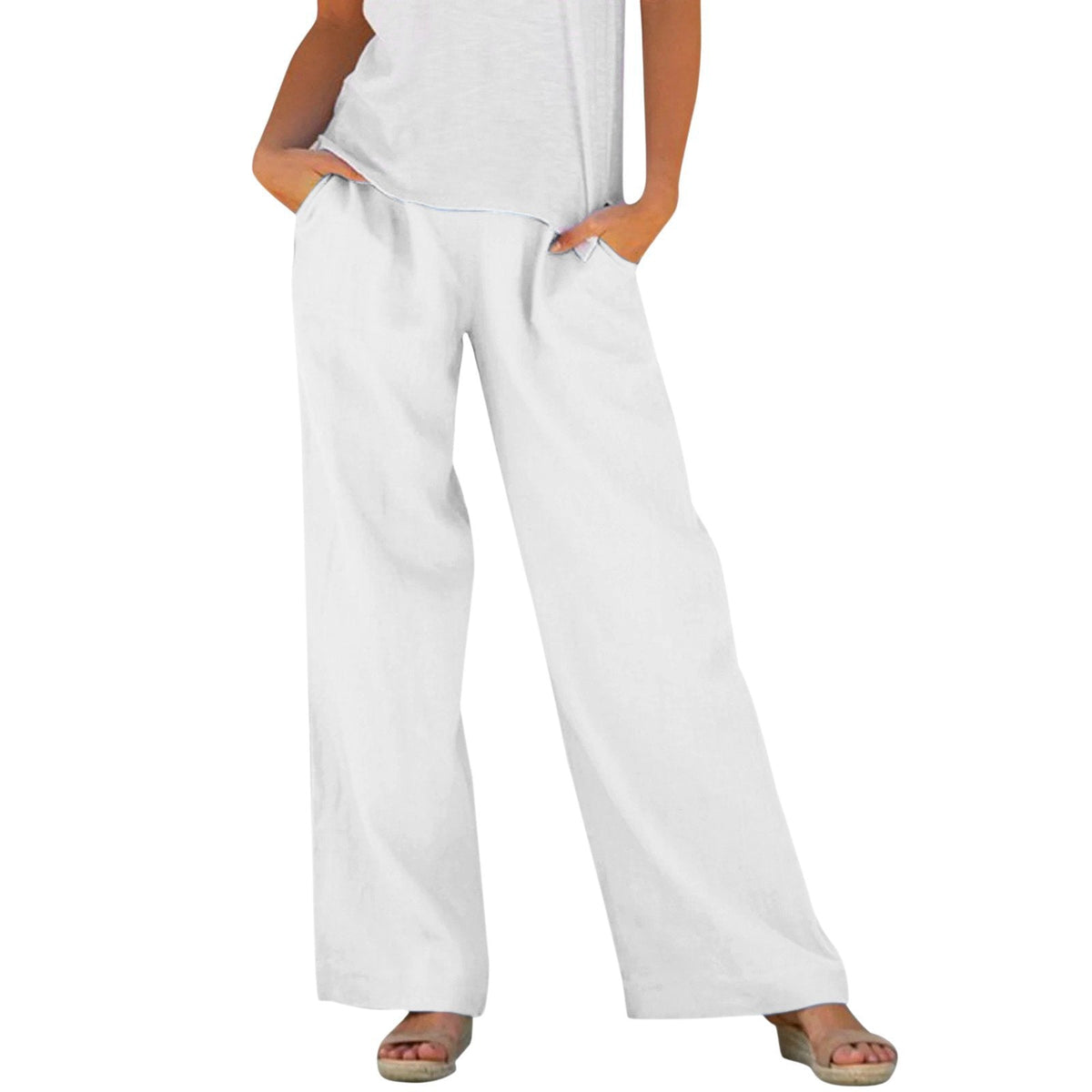 Solid-color Loose-fitting Elastic-waist Wide-leg Casual Pants
