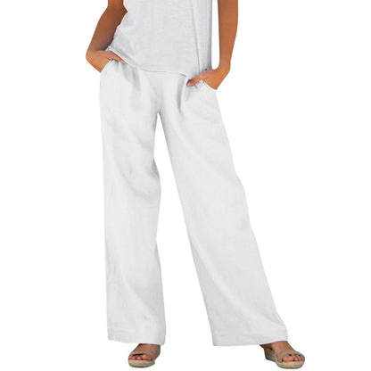 Solid-color Loose-fitting Elastic-waist Wide-leg Casual Pants