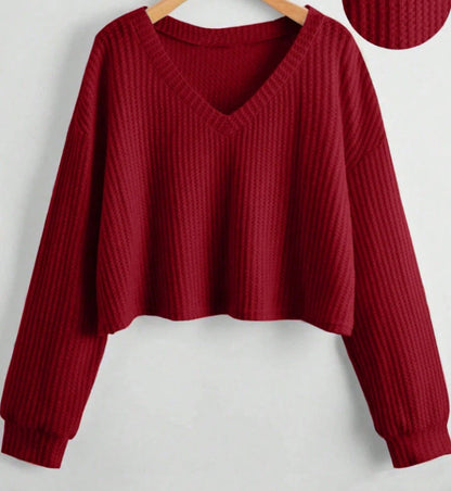 V-neck Loose-fit Short-length Long-sleeve Top