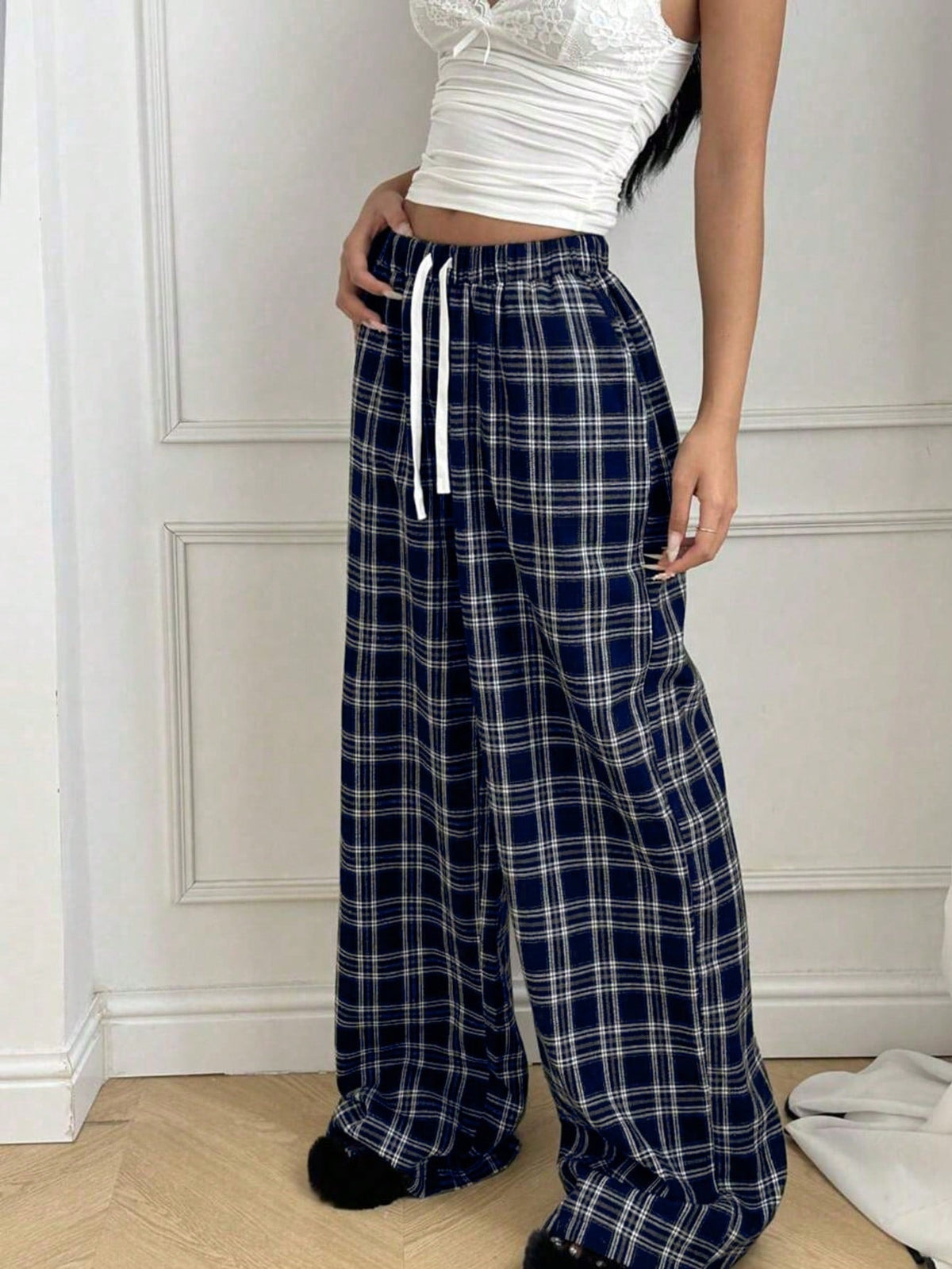Women's Plaid Casual High-Waisted Wide-Leg Pants With Drawstring