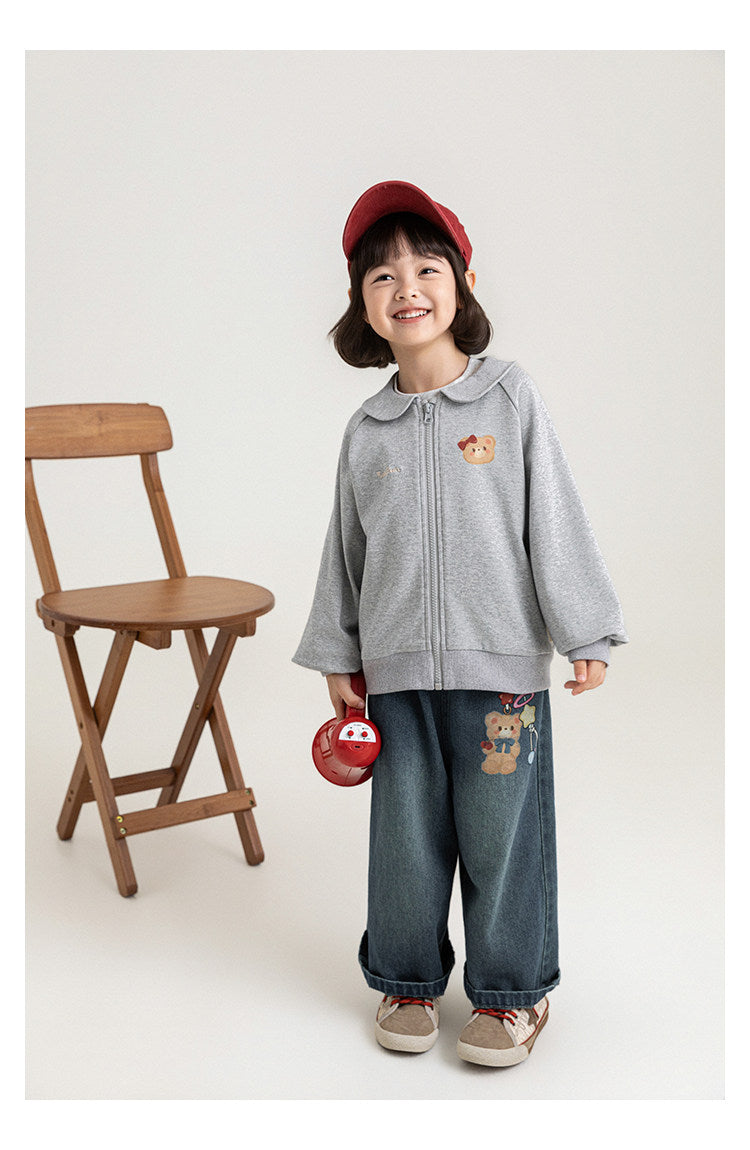 Cute Bear-Print Wide-Leg Stretch-Waist Casual Denim Pants For Kids