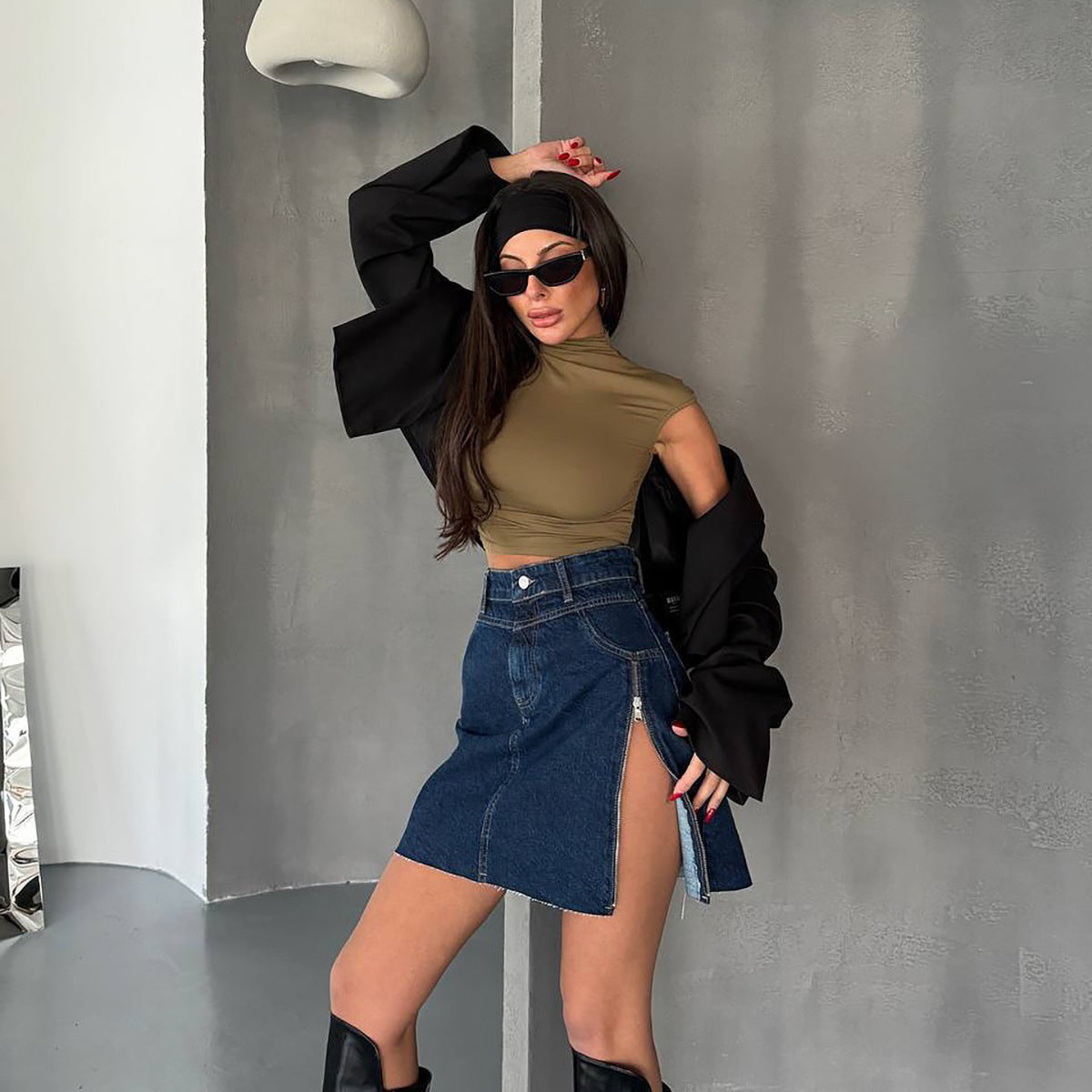Design Zipper Split Denim Skirt Women