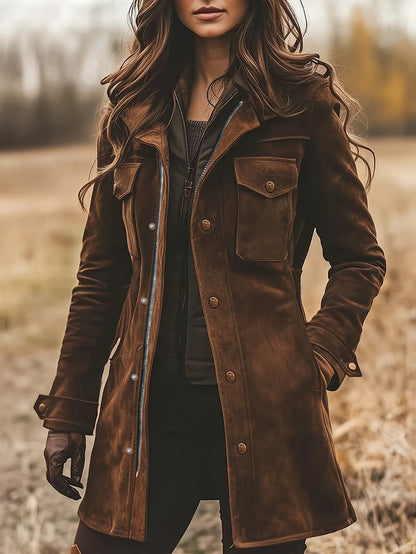 Women's Retro Lapels Brown Suede Casual Jacket