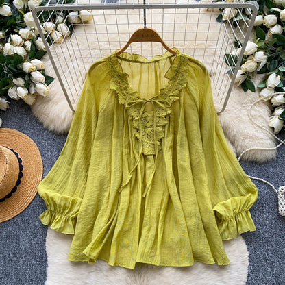 Womens Solid-Color Silk-Panel V-Neck Lace-Up Shirt