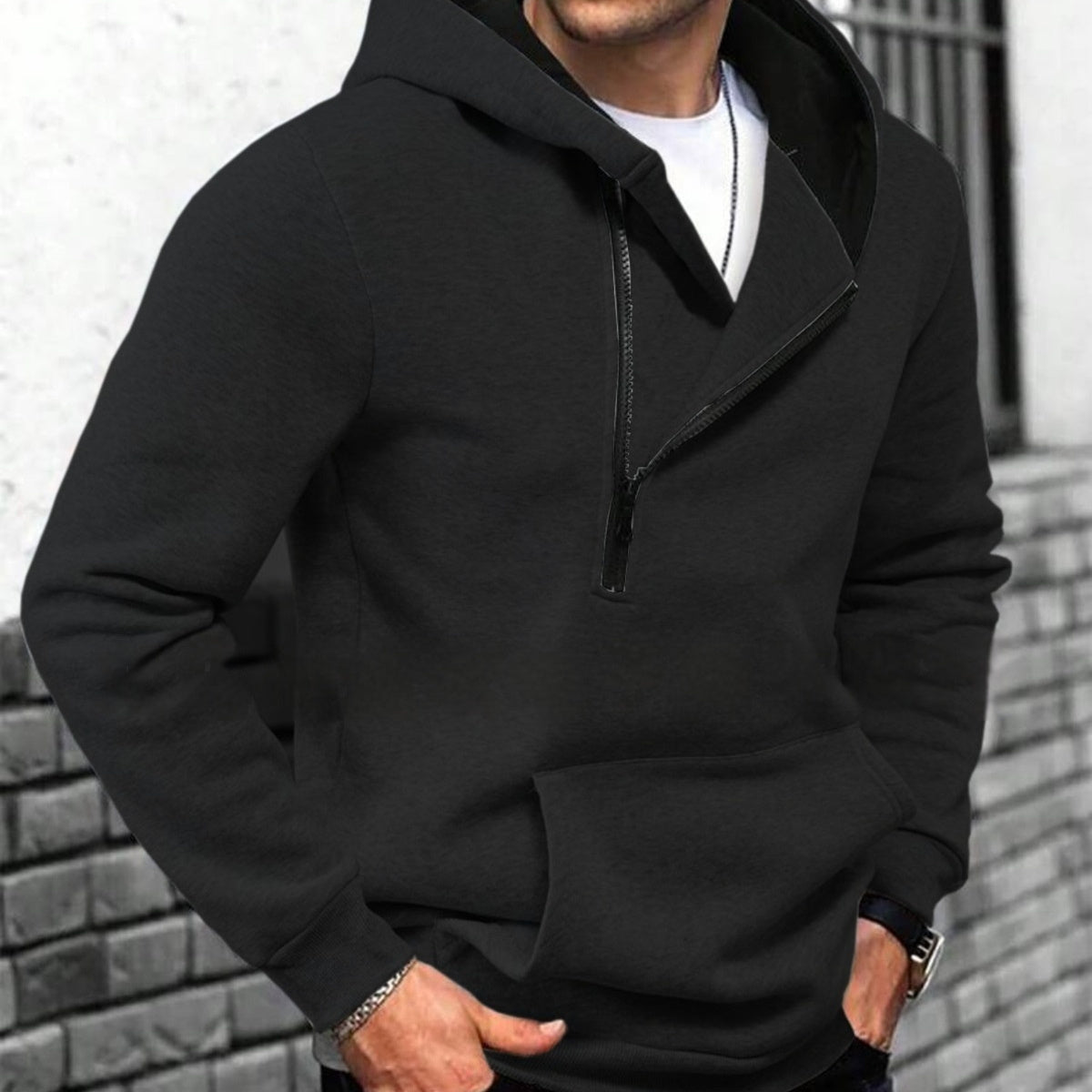 Color-block Hooded Sweatshirt For Men With A Half-zip