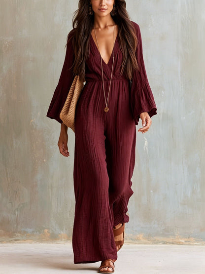 Bohemian-style V-neck Loose-fit Wide-leg Jumpsuit