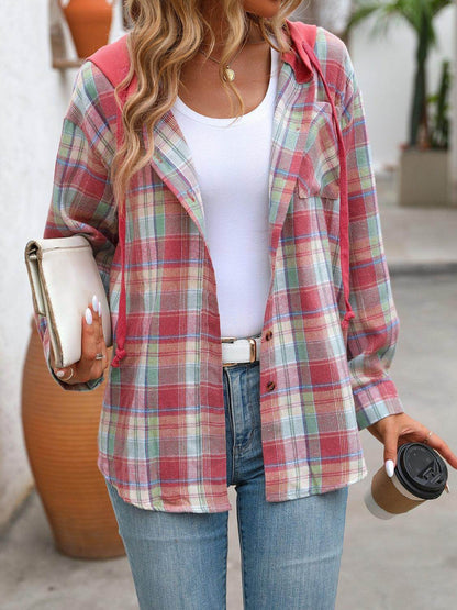 Plaid Long Sleeve Hooded Jacket for Women with Pockets