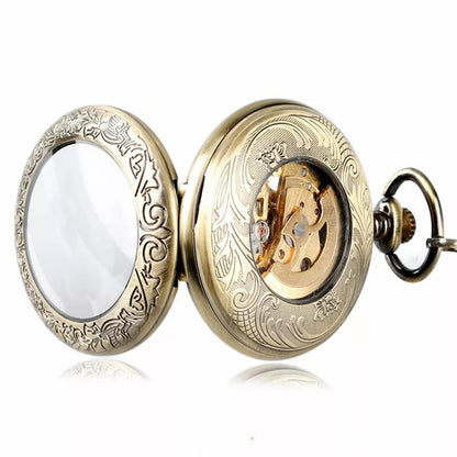 Flip-Open Retro Transparent-Lid Engraved Mechanical Pocket Watch