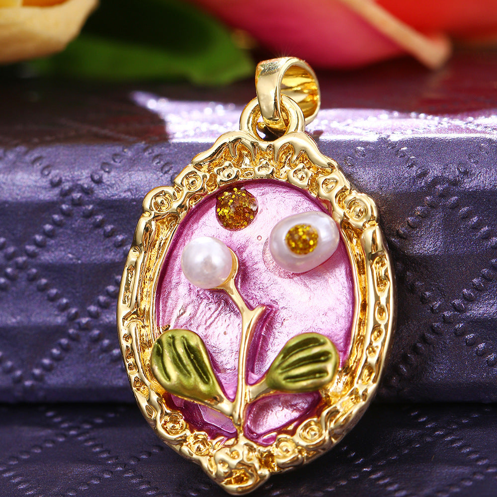 Floral-Painted Dripped-Glaze Universal-Clip Necklace DIY Pendant