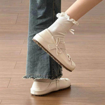 Women Elastic Crisscross Strap Tiny Bow Flats, Round Toe Lightweight Non-Slip Lug Platform Soft PU Leather Slip On Minimalist Casual Daily Student Lace Sock Matching Doll