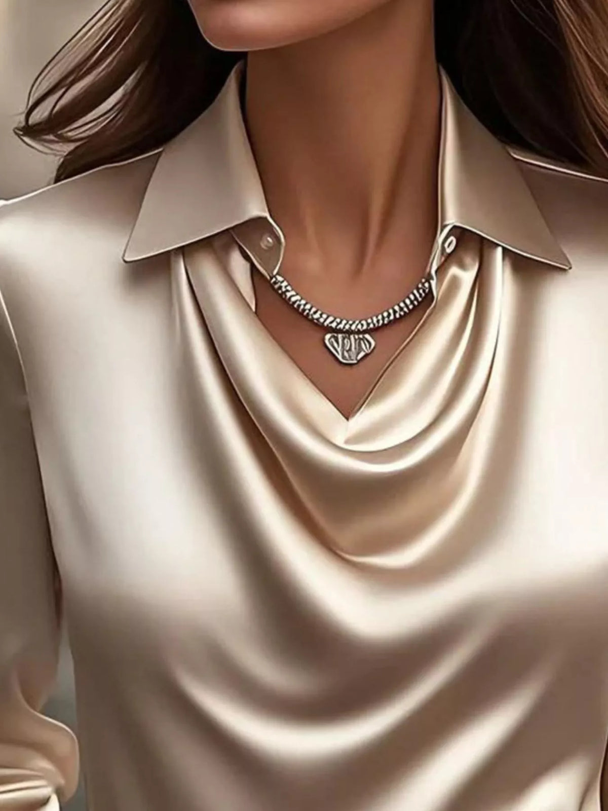 Full Size Satin Cowl Neck Long Sleeve Blouse Plus Size